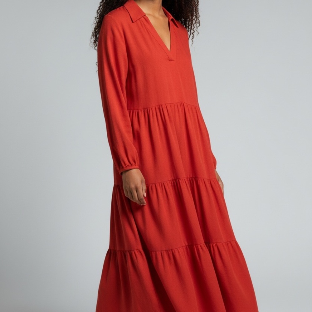 & Other Stories Red 100% Lyocell Tiered Midi Dress | LA Atelier | Long Sleeve